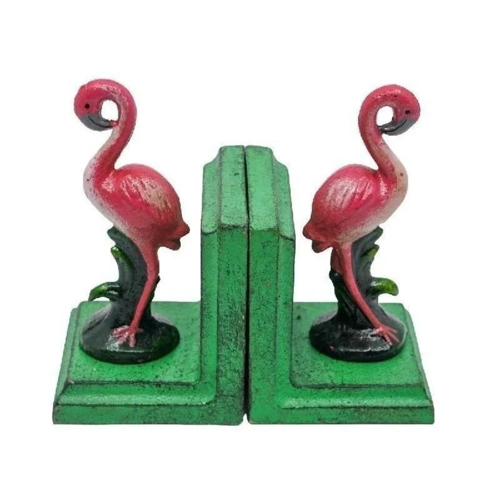 Pink Flamingo Cast Iron Bookends Pair Tropical Coastal Vintage Style